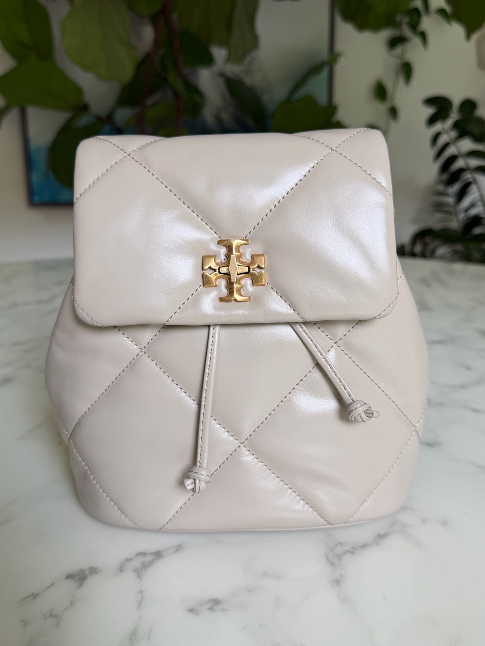 Tory Burch Mini Kira Diamond Quilt Backpack Light Stone Leather